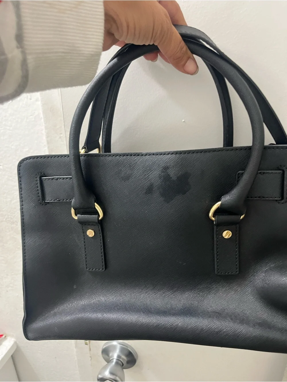 Michael Kors Black Leather Satchel with Gold Chain Accent